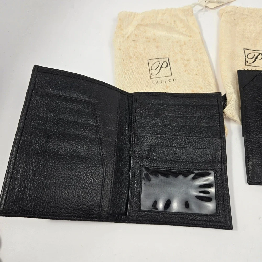 Pfaffco Black Pebbled Leather Wallet Card Holder Coin Pouch Set 3pc Handcrafted